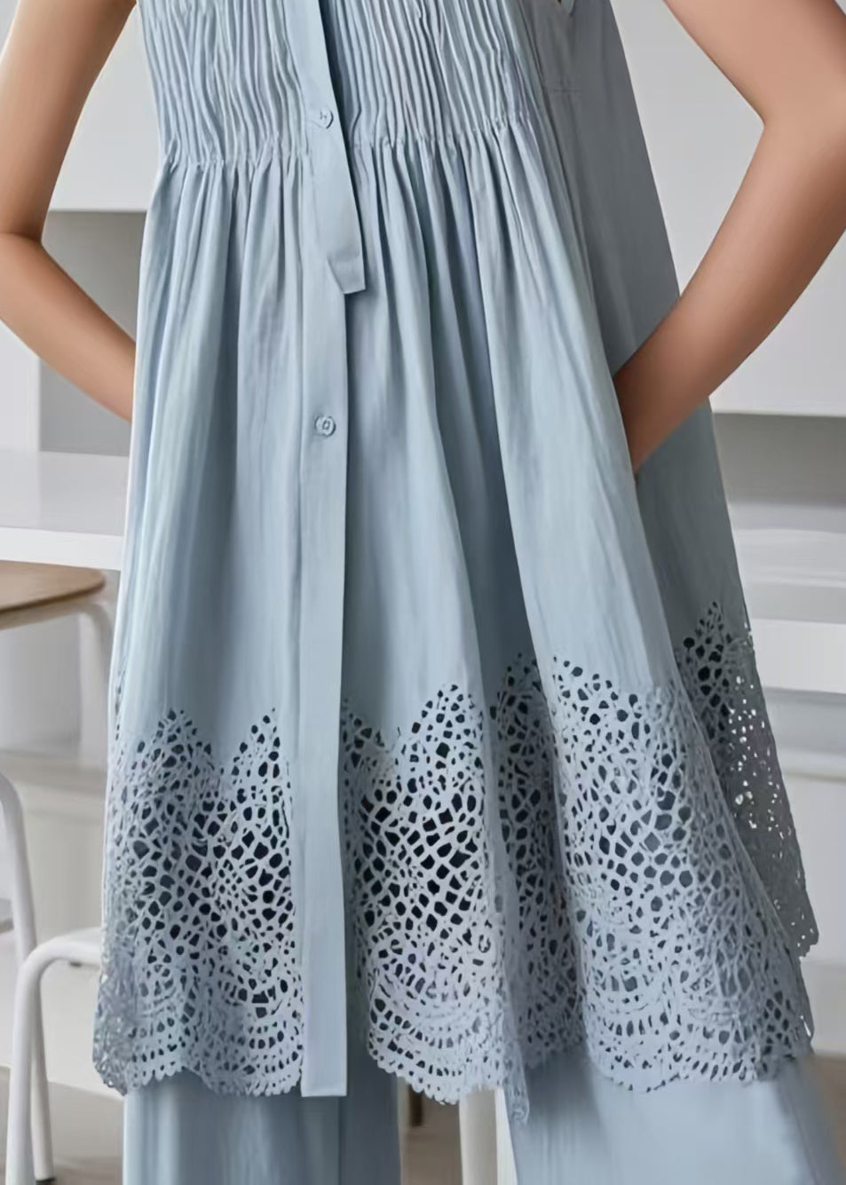 Boho Blue Hollow Out Wrinkled Cotton Tea Dress Sleeveless