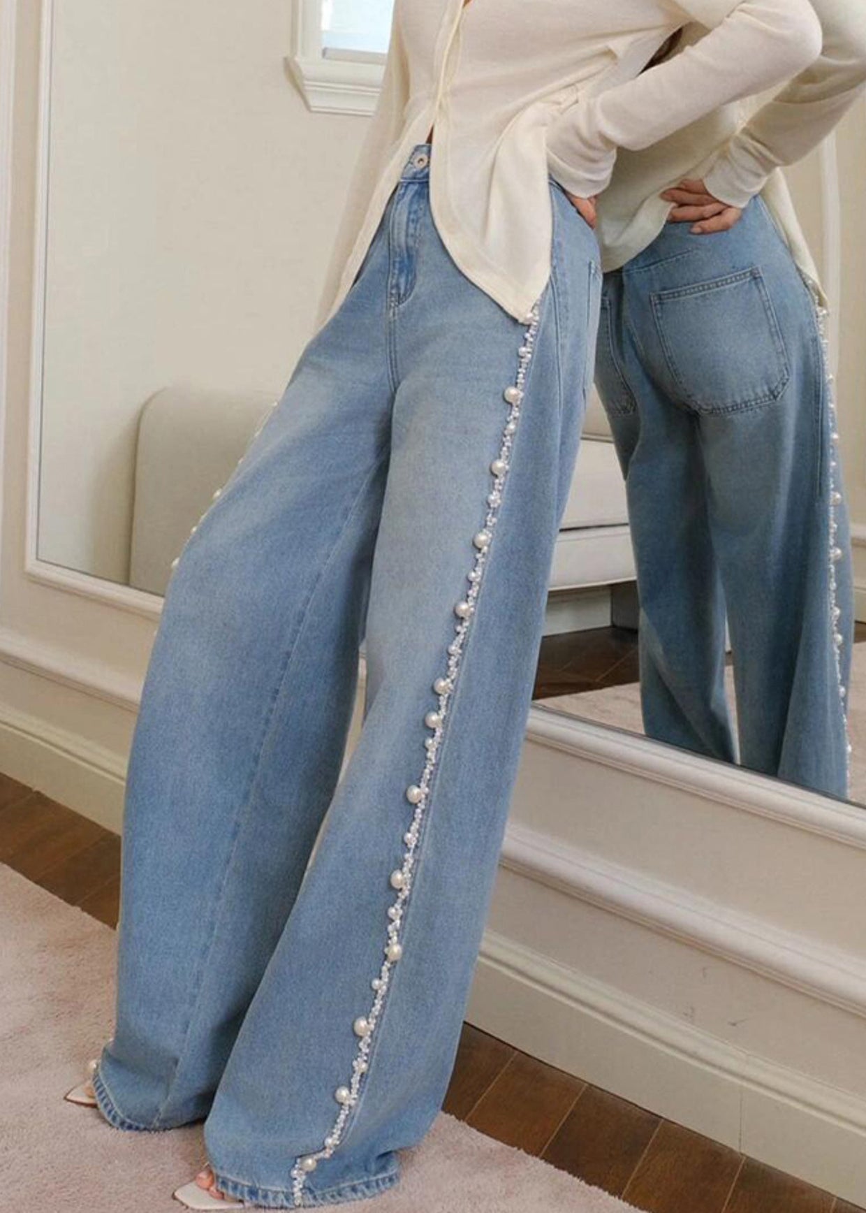 Boho Blue Nail Bead Denim Wide Leg Pants Spring