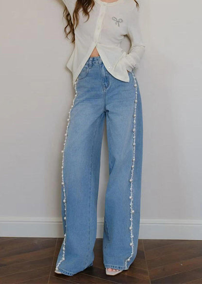 Boho Blue Nail Bead Denim Wide Leg Pants Spring