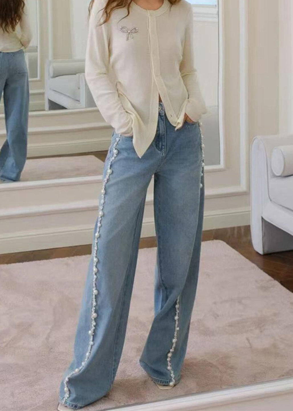 Boho Blue Nail Bead Denim Wide Leg Pants Spring