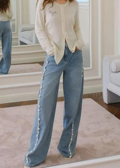 Boho Blue Nail Bead Denim Wide Leg Pants Spring