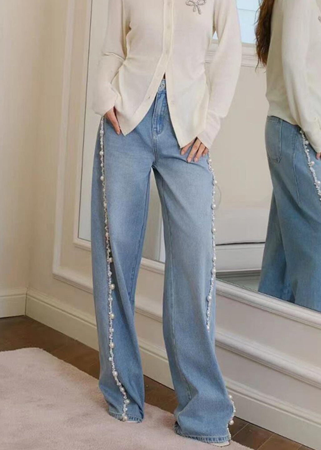 Boho Blue Nail Bead Denim Wide Leg Pants Spring