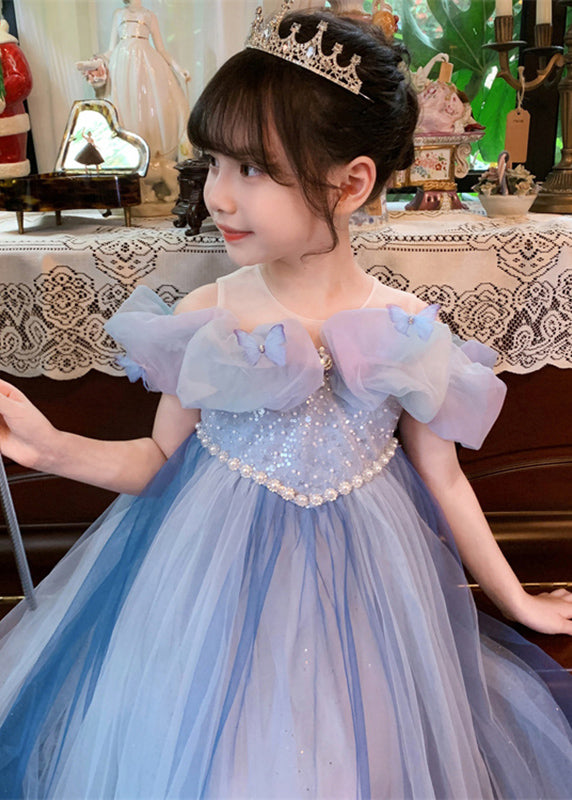 Boho Blue Nail Bead Sequins Tulle Girls Maxi Dresses Summer