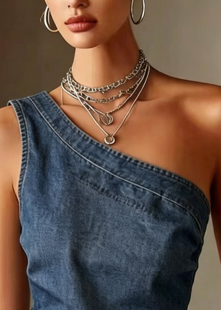 Boho Blue One Shoulder Denim Tank Sleeveless