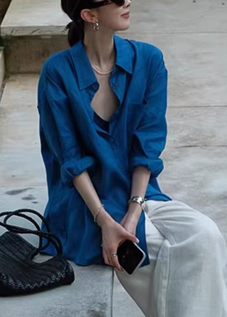 Boho Blue Oversized Cotton UPF 50+ Shirt Spring