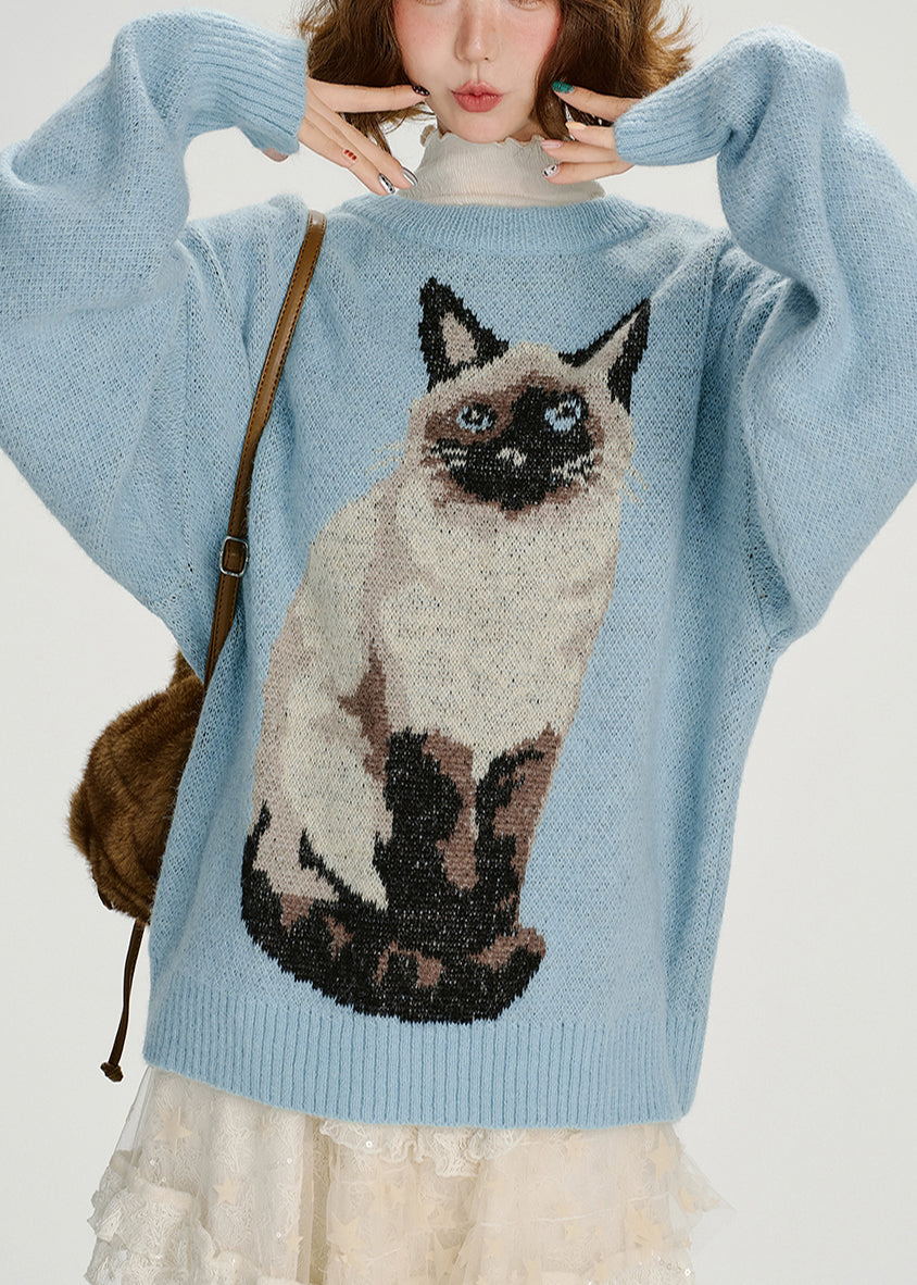Boho Blue Oversized Dog Jacquard Knit Sweater Tops Winter
