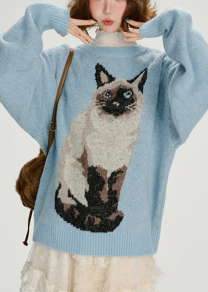Boho Blue Oversized Dog Jacquard Knit Sweater Tops Winter