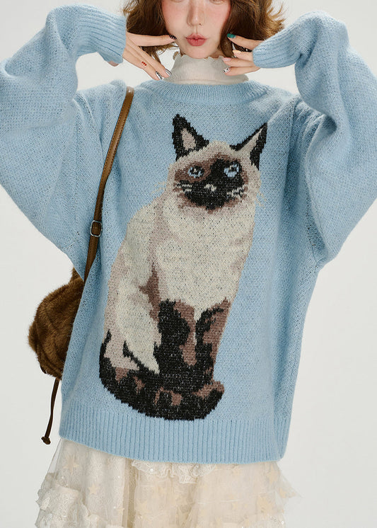 Boho Blue Oversized Dog Jacquard Knit Sweater Tops Winter