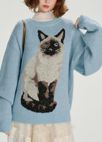 Boho Blue Oversized Dog Jacquard Knit Sweater Tops Winter
