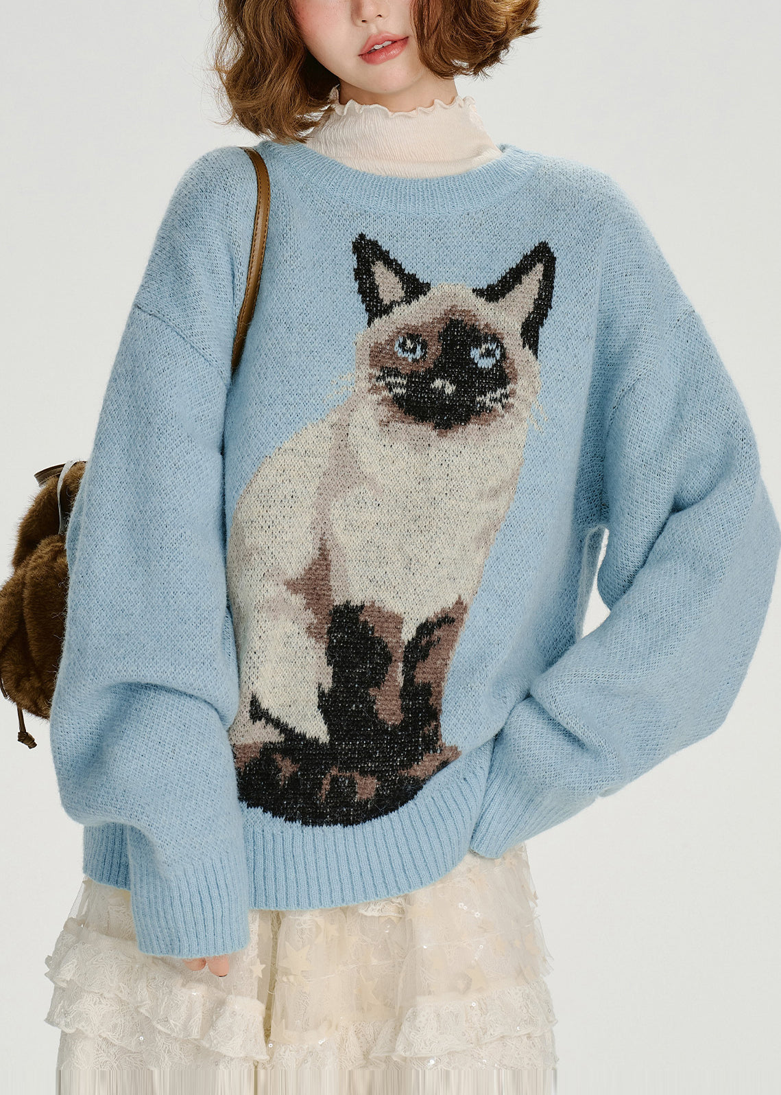 Boho Blue Oversized Dog Jacquard Knit Sweater Tops Winter