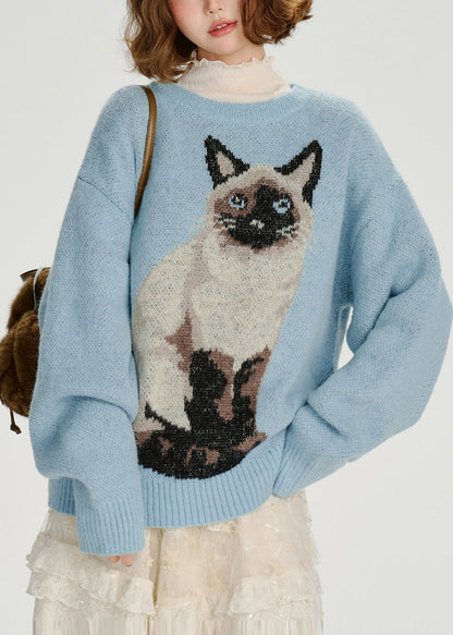 Boho Blue Oversized Dog Jacquard Knit Sweater Tops Winter