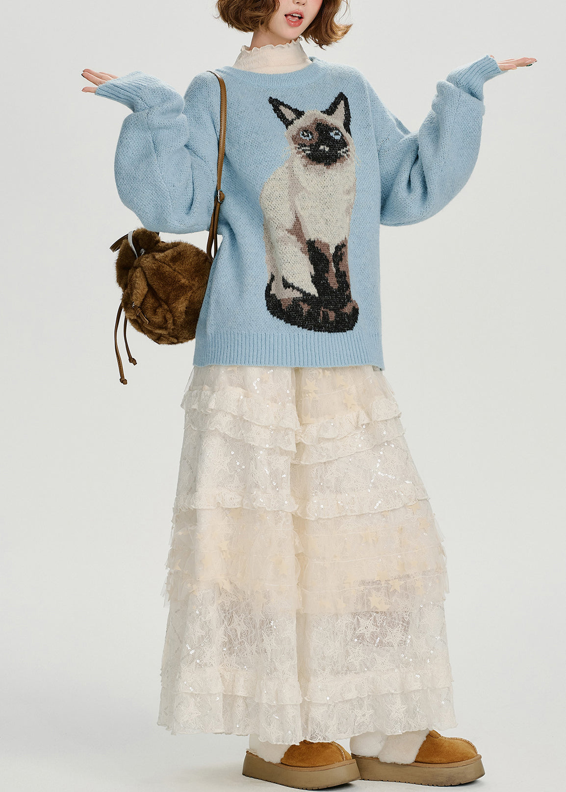 Boho Blue Oversized Dog Jacquard Knit Sweater Tops Winter