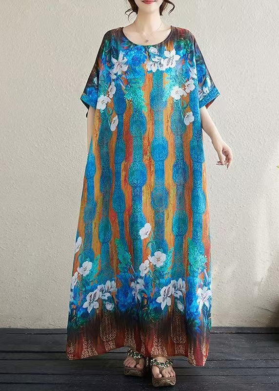 Boho Blue Oversized Print Cotton Vacation Dress Batwing Sleeve