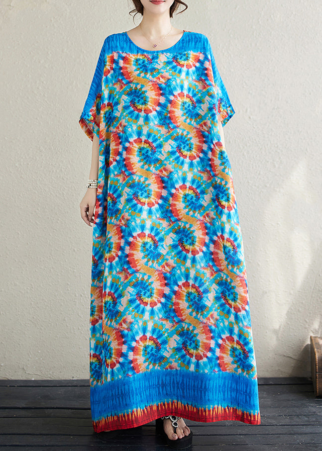 Boho Blue Oversized Print Cotton Vacation Dress Batwing Sleeve