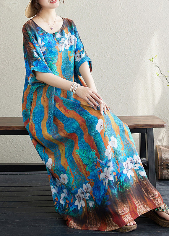Boho Blue Oversized Print Cotton Vacation Dress Batwing Sleeve