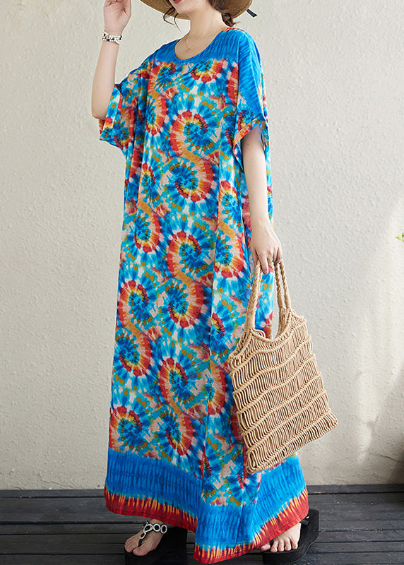 Boho Blue Oversized Print Cotton Vacation Dress Batwing Sleeve