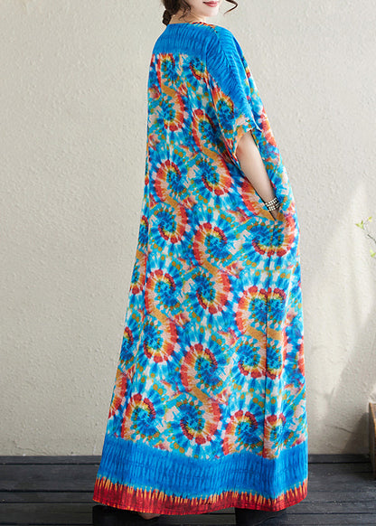 Boho Blue Oversized Print Cotton Vacation Dress Batwing Sleeve