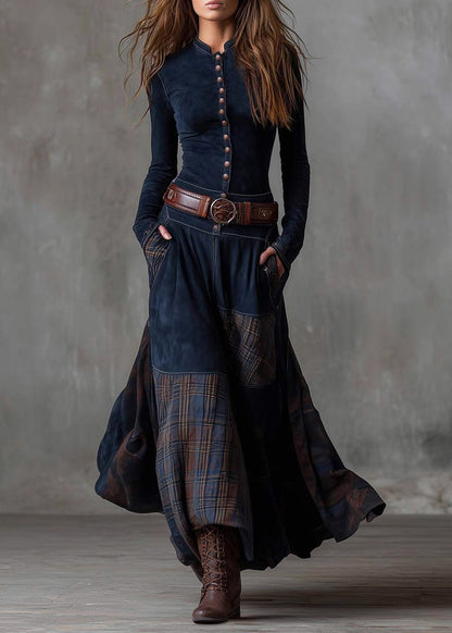 Boho Blue Plaid Patchwork Faux Suede Maxi Dresses Spring