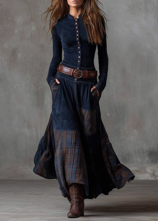 Boho Blue Plaid Patchwork Faux Suede Maxi Dresses Spring