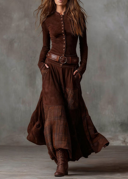 Boho Blue Plaid Patchwork Faux Suede Maxi Dresses Spring