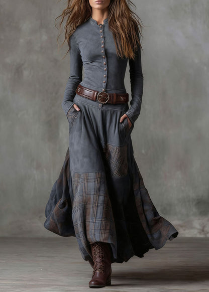 Boho Blue Plaid Patchwork Faux Suede Maxi Dresses Spring