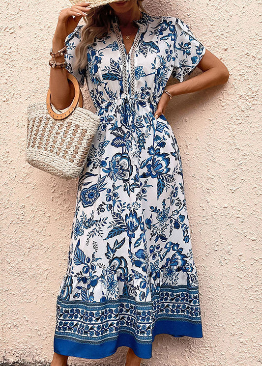 Boho Blue Print Drawstring Chiffon Holiday Dress Summer