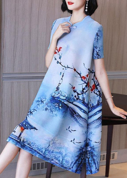 Boho Blue Print Oriental Mid Dress Summer - SooLinen
