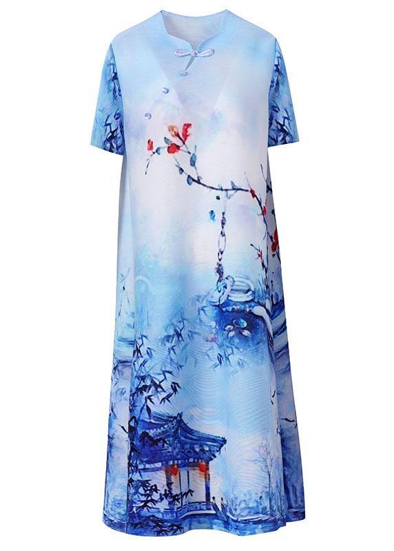 Boho Blue Print Oriental Mid Dress Summer - SooLinen