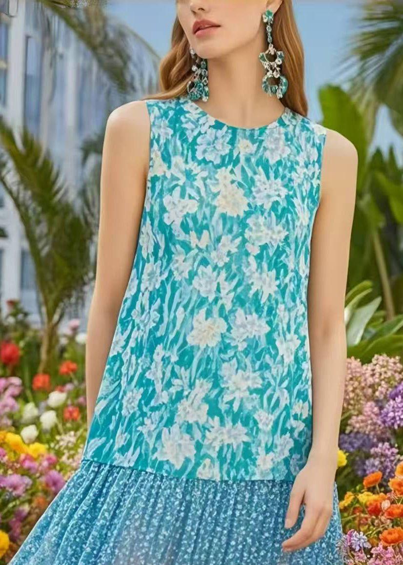 Boho Blue Print Patchwork Chiffon Holiday Dress Low High Design Sleeveless