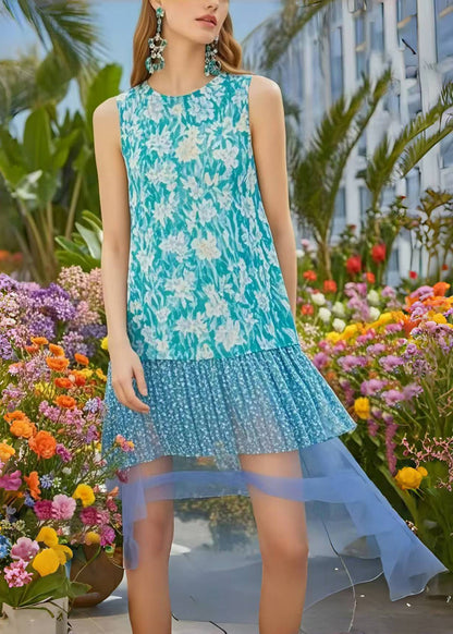 Boho Blue Print Patchwork Chiffon Holiday Dress Low High Design Sleeveless