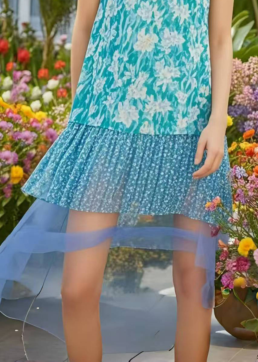 Boho Blue Print Patchwork Chiffon Holiday Dress Low High Design Sleeveless