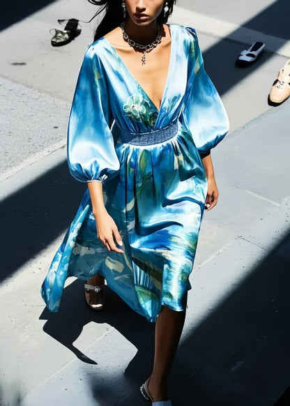 Boho Blue Print Silk Tunic Dress Bracelet Sleeve