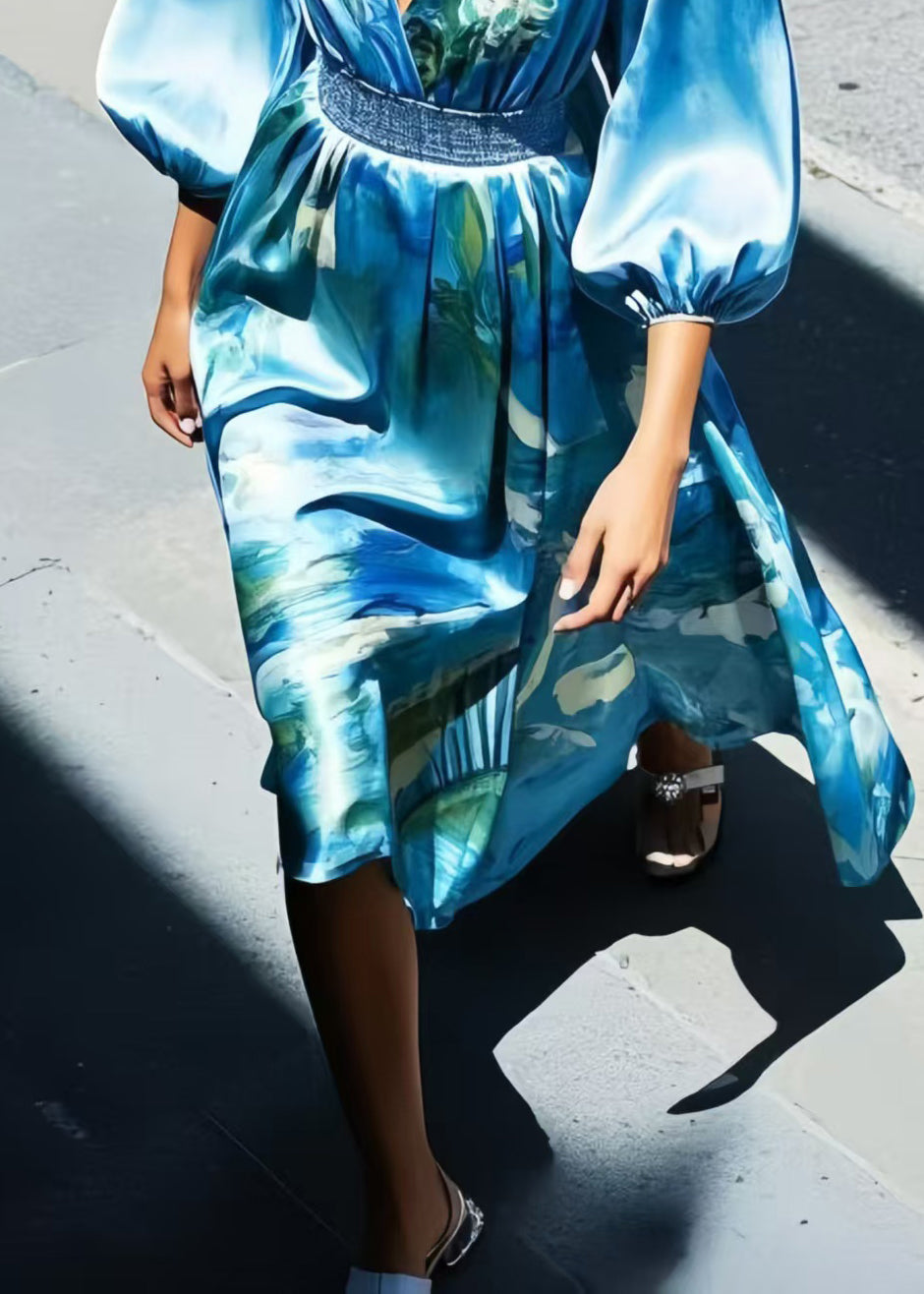 Boho Blue Print Silk Tunic Dress Bracelet Sleeve