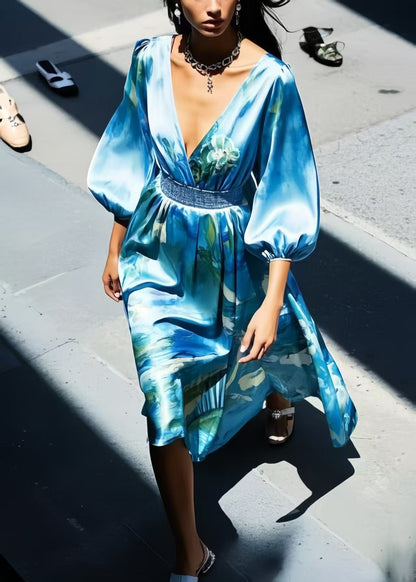 Boho Blue Print Silk Tunic Dress Bracelet Sleeve