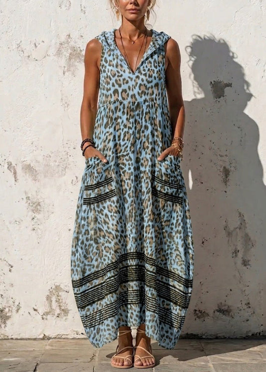 Boho Blue Print Wrinkled Hooded Maxi Dress Sleeveless