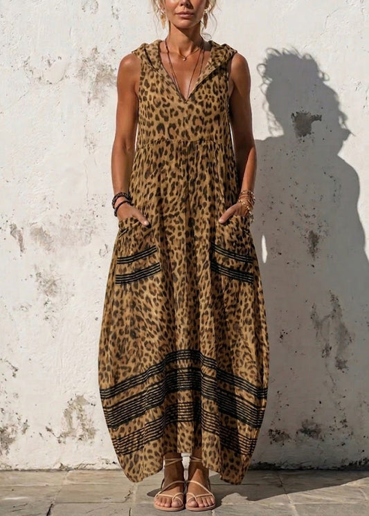 Boho Blue Print Wrinkled Hooded Maxi Dress Sleeveless