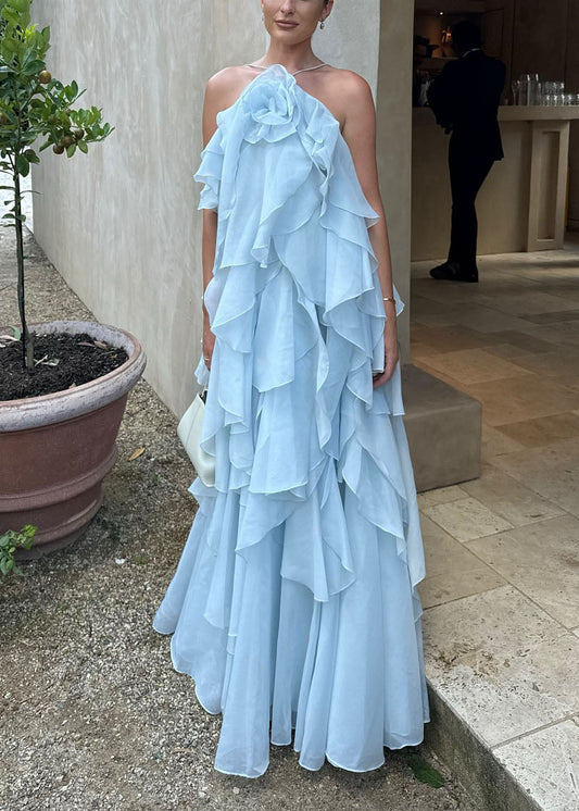 Boho Blue Ruffled Asymmetrical Design Chiffon Spaghetti Strap Dress Summer