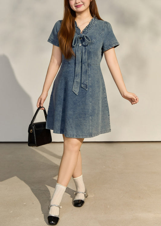 Boho Blue Ruffled Bow Denim Tea Dress Summer