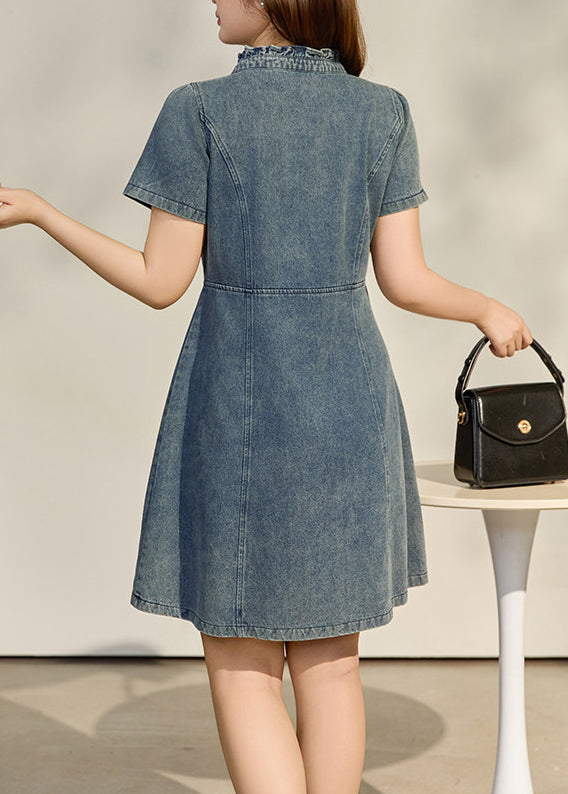 Boho Blue Ruffled Bow Denim Tea Dress Summer