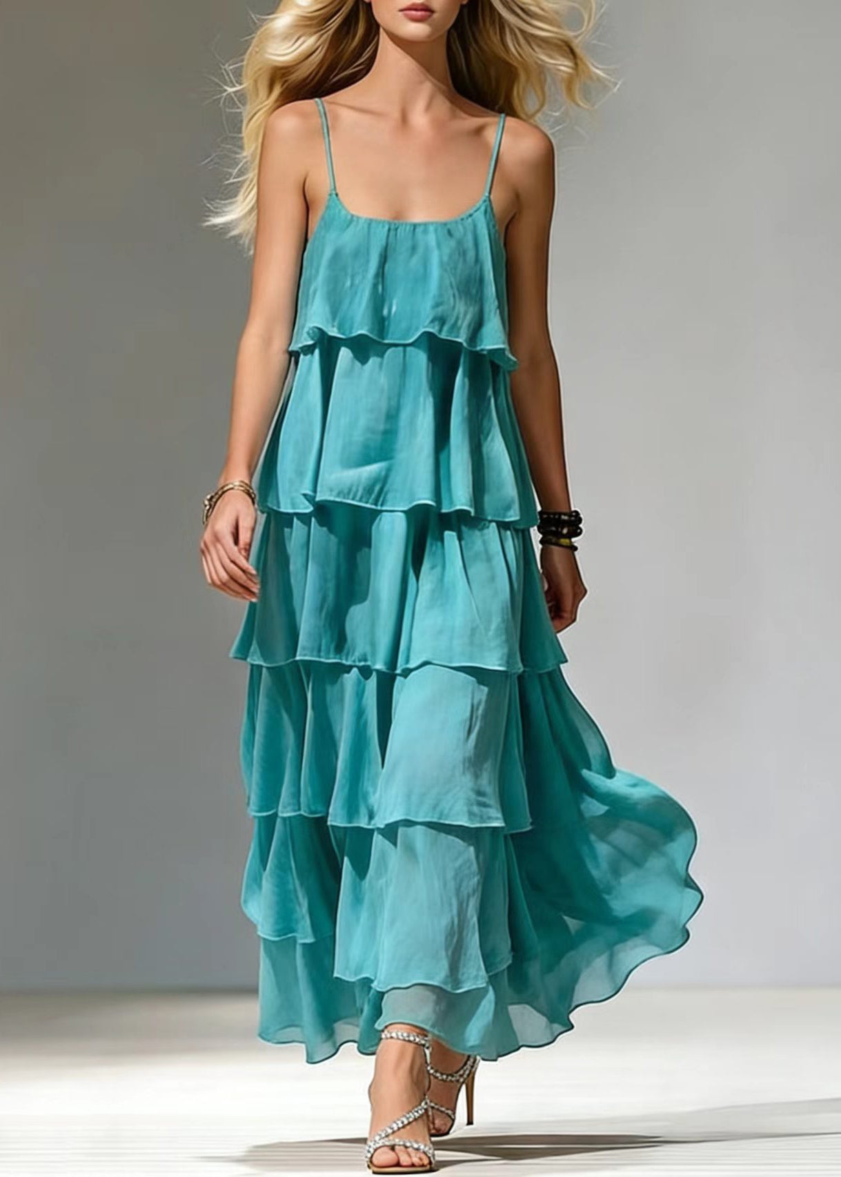 Boho Blue Ruffled Cotton Beach Dress Summer