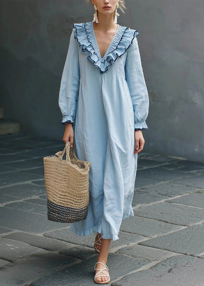Boho Blue Ruffled Party Solid Maxi Dress Fall