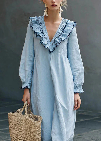 Boho Blue Ruffled Party Solid Maxi Dress Fall