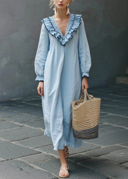 Boho Blue Ruffled Party Solid Maxi Dress Fall