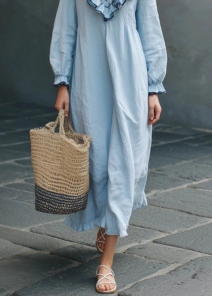 Boho Blue Ruffled Party Solid Maxi Dress Fall