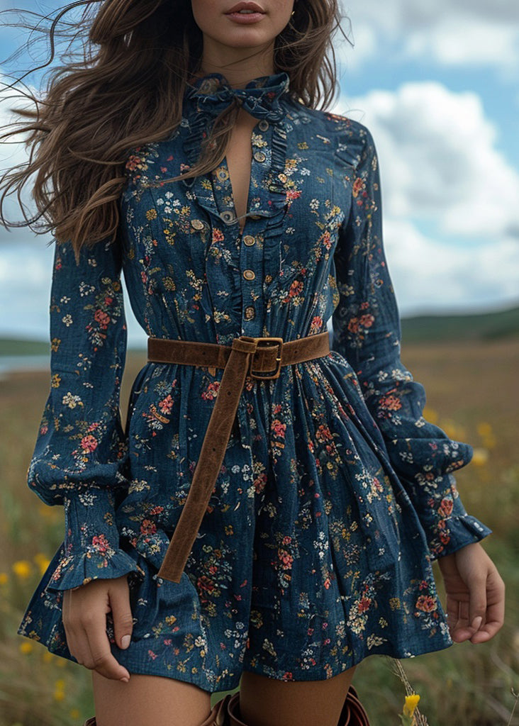 Boho Blue Ruffled Print Cotton Short Dresses Long Sleeve