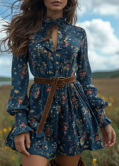 Boho Blue Ruffled Print Cotton Short Dresses Long Sleeve