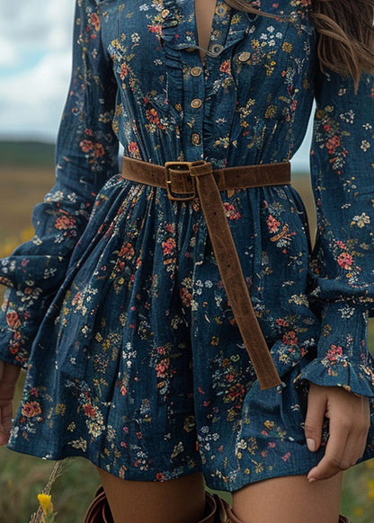 Boho Blue Ruffled Print Cotton Short Dresses Long Sleeve