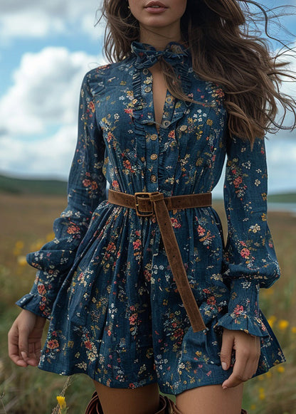 Boho Blue Ruffled Print Cotton Short Dresses Long Sleeve