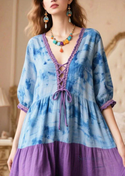 Boho Blue Tie Dye Patchwork Cross Strap Holiday Dress Summer