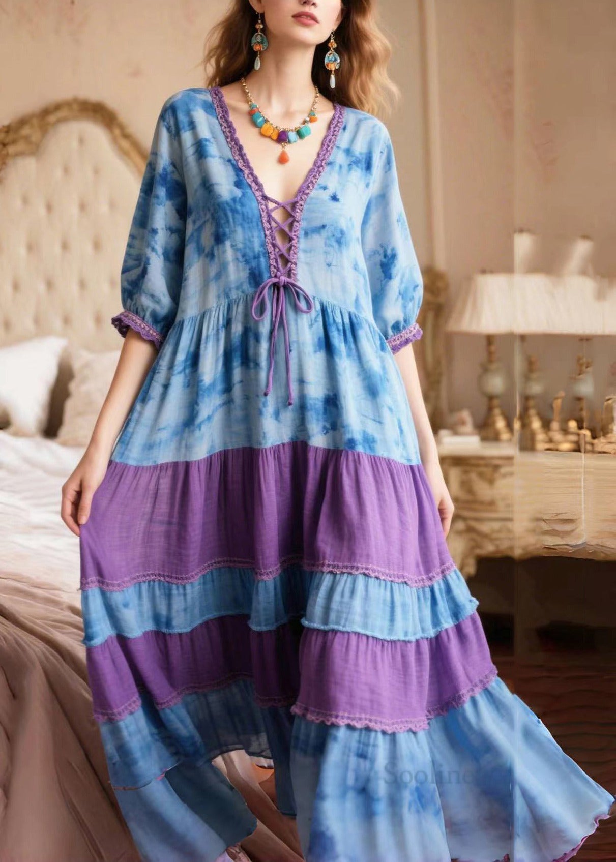 Boho Blue Tie Dye Patchwork Cross Strap Holiday Dress Summer